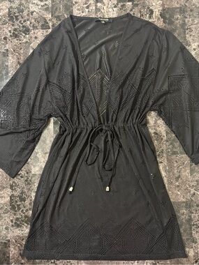 Black Drawstring Mesh Cover-Up with Eyelet Pattern